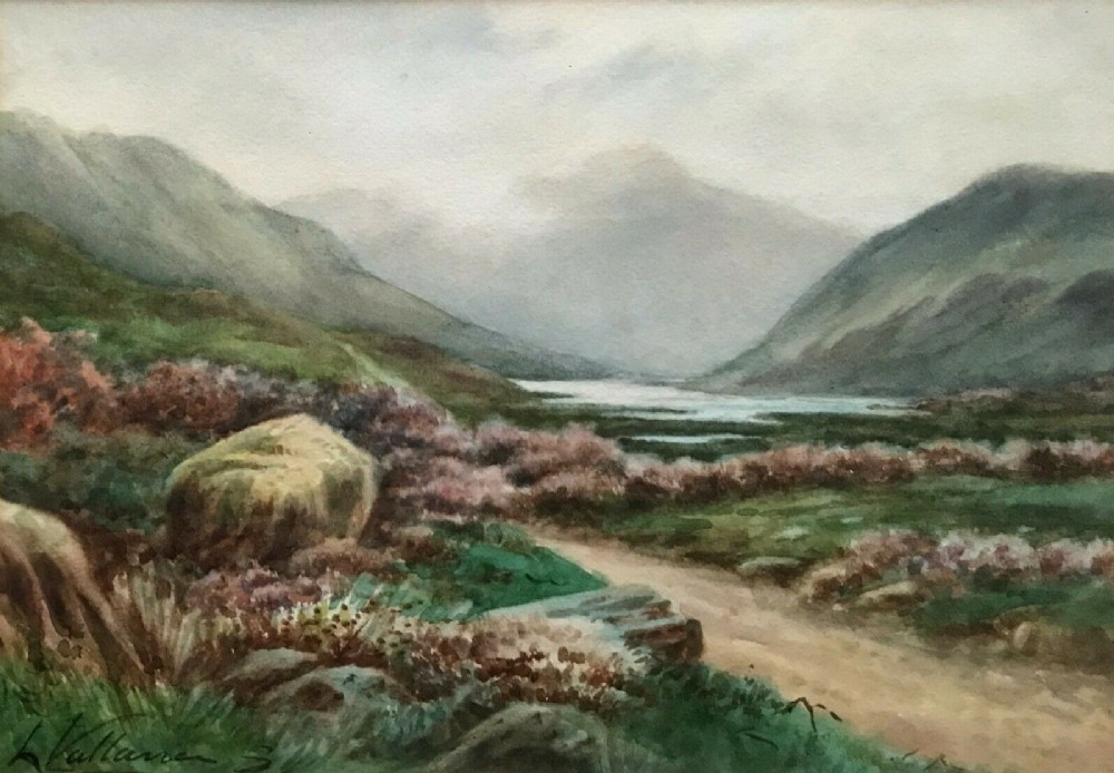 L Vallance Original Early 20th Century Antique Watercolour Painting Highland Lake & Mountain Landscape