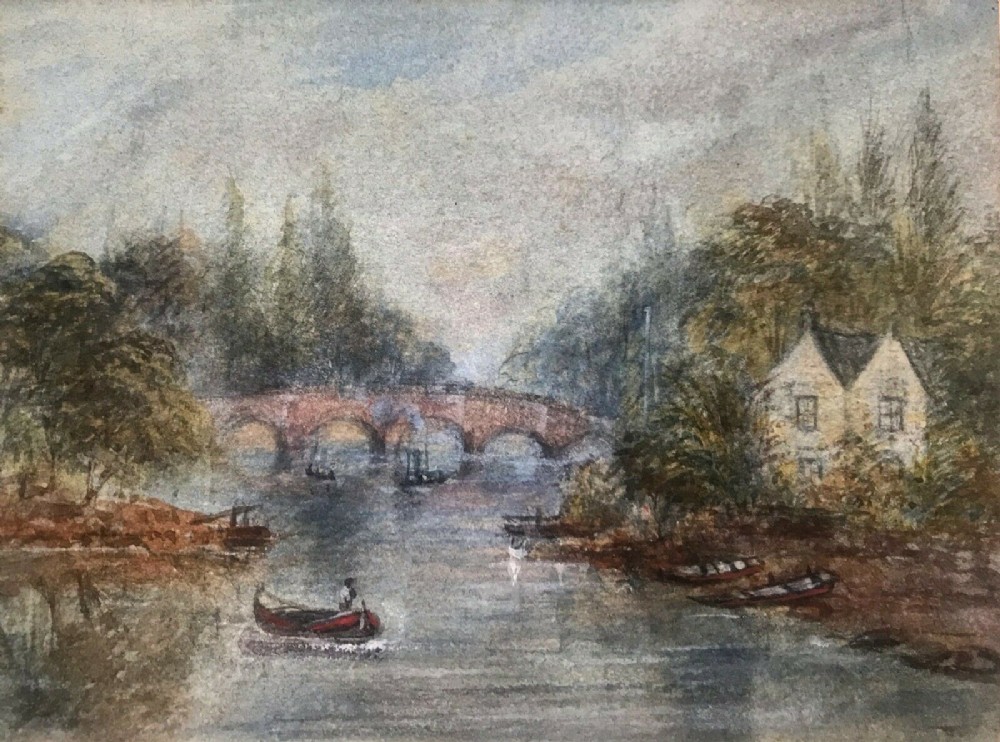 Original Late 19th Century English Antique Watercolour Painting Maidenhead Railway Bridge Boulters Lock River Landscape