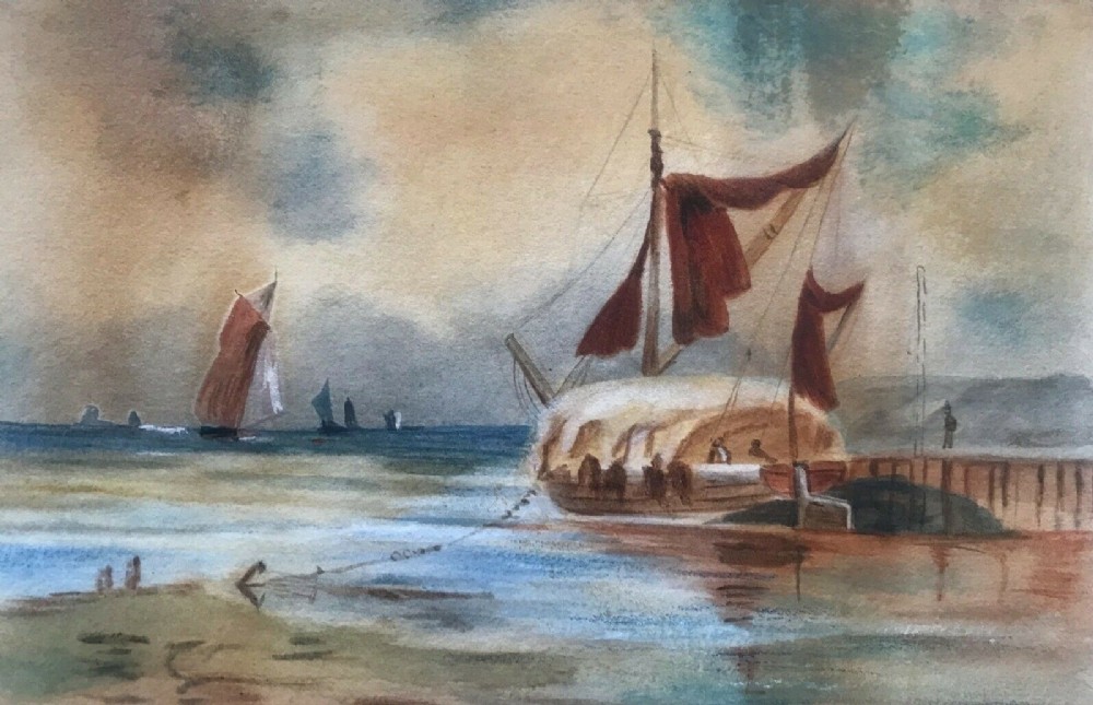 M Fieldhouse Signed 1895 Original 19th Century English Antique Watercolour Painting Fishing Boats Anchored