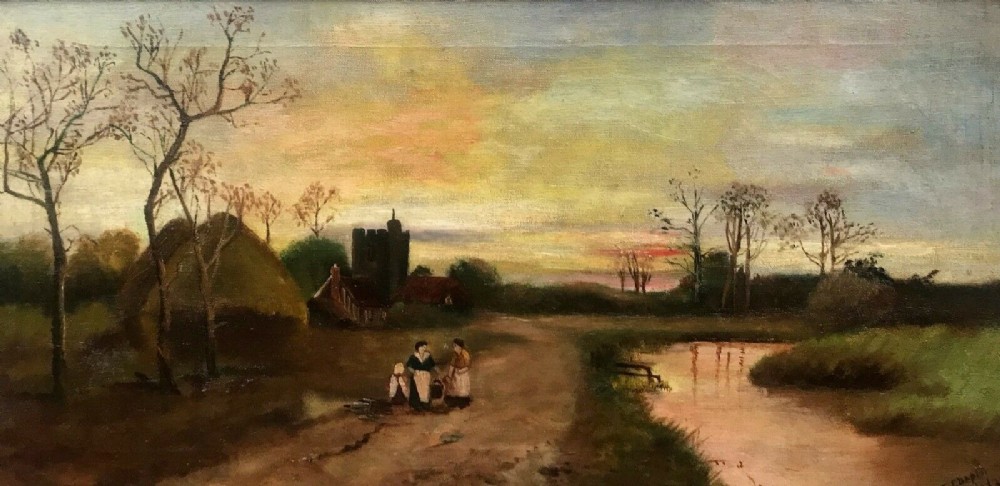 Original E Chaplin Signed 1922 English Antique Oil Painting on Canvas Village with Figures Haystack & River Scene