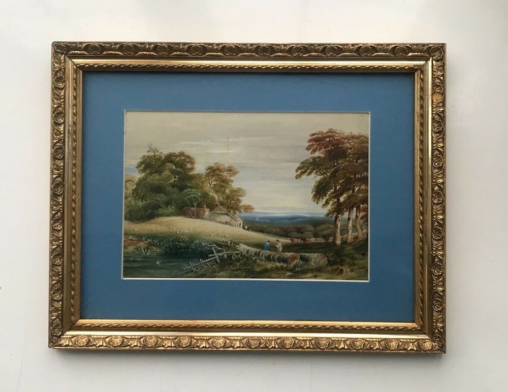 Original 19th Century English Antique Watercolour Painting Cattle Sheep Cottage & Figures Rural Landscape