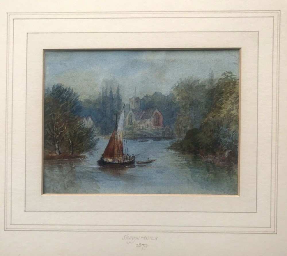 Original English Antique Dated 1879 Watercolour Painting Shepperton on the Thames River Landscape