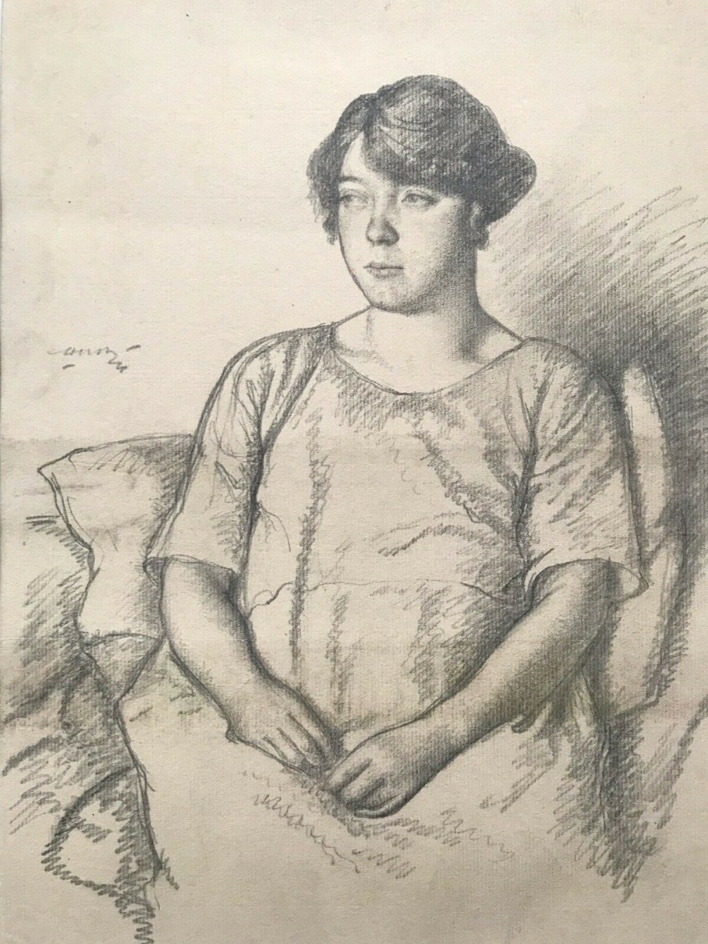 Harold Hope Read Signed Original c1920's Antique Charcoal Pencil Drawing Woman in Thought