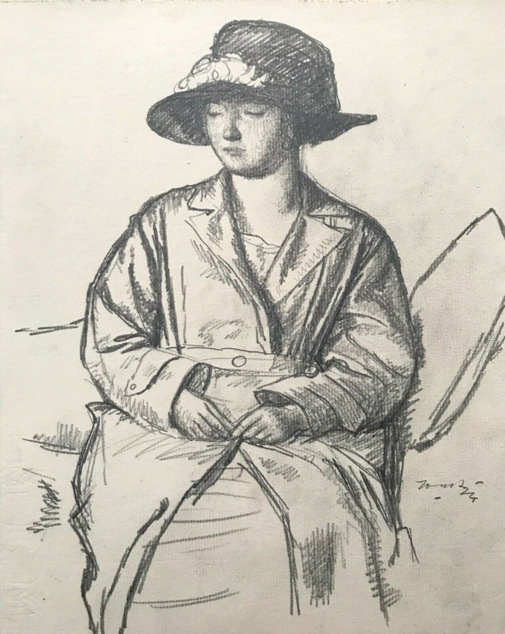 Harold Hope Read Signed Original c1920's Charcoal Pencil Drawing Portrait Study Woman in Hat & Coat