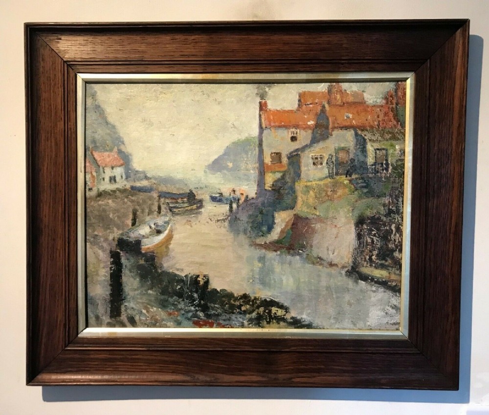 English School Original Early 20th Century Antique Oil Painting on Board Staithes Yorkshire Seascape