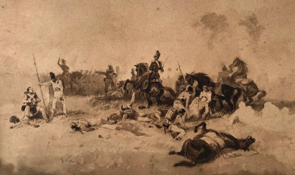 Attributed to William Heath Original Early 19th Century Antique Sepia Watercolour Painting Peninsular War Casualties