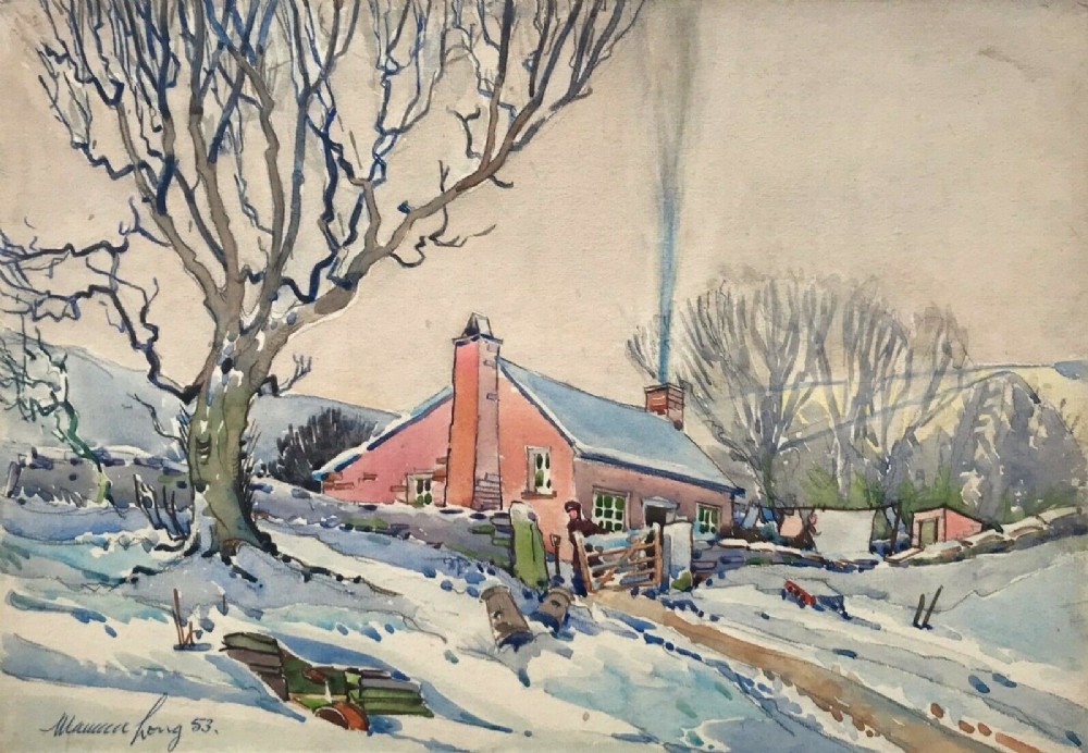Maurice Long Signed 1953 Original Vintage English Watercolour Painting Farmstead in Snow Winter Landscape