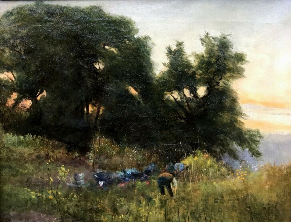 Circle of Robert W Wood Original Early 20th Century Antique Oil Painting Figure Farming in Meadow