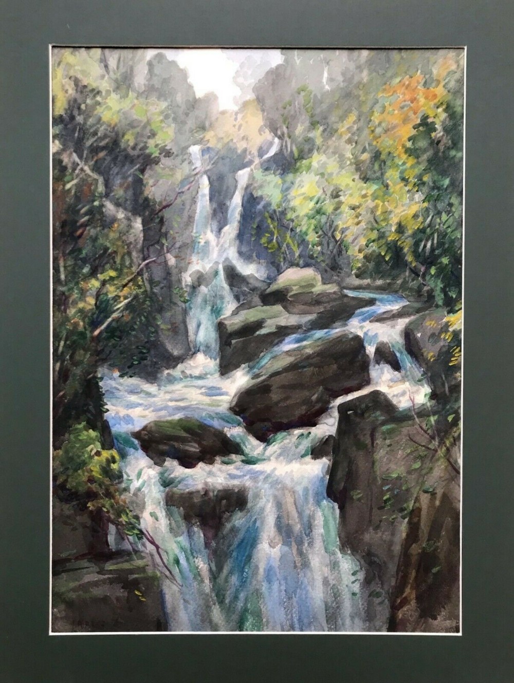 John Arthur Dees Signed Original English Antique Watercolour Painting Lake District Waterfall 
