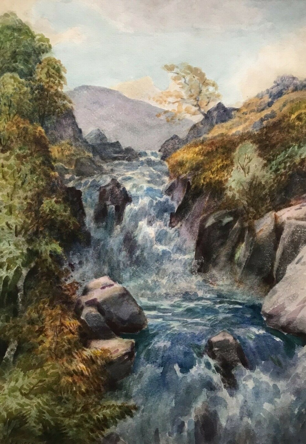 John Arthur Dees Signed Original Early 20th Century Antique Watercolour Painting Sour Milk Ghyll Easedale Waterfall Landscape Grassmere Lake District