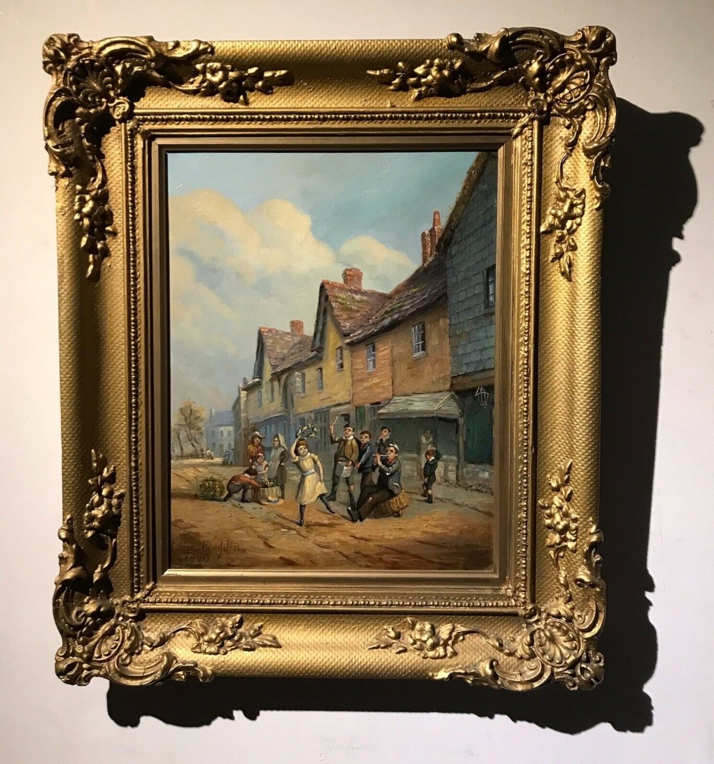 French School Signed Original 19th Century Antique Oil Painting on Board Children Playing in Street