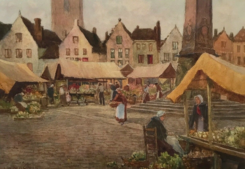 James W Milliken Original early 20th Century Antique Watercolour Painting Amsterdam Flower Market