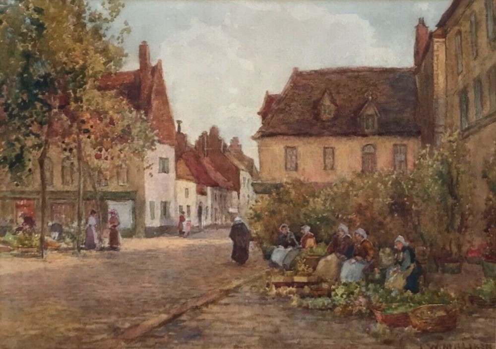 James W Milliken Signed Original early 20th Century Antique Watercolour Painting Dutch Flower Market Scene