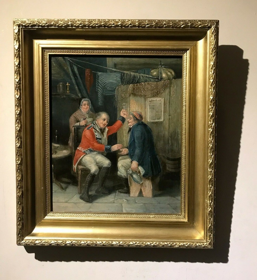 Original 19th Century Antique Oil Painting on Canvas Soldier and Sailor Drinking Inn Interior Scene