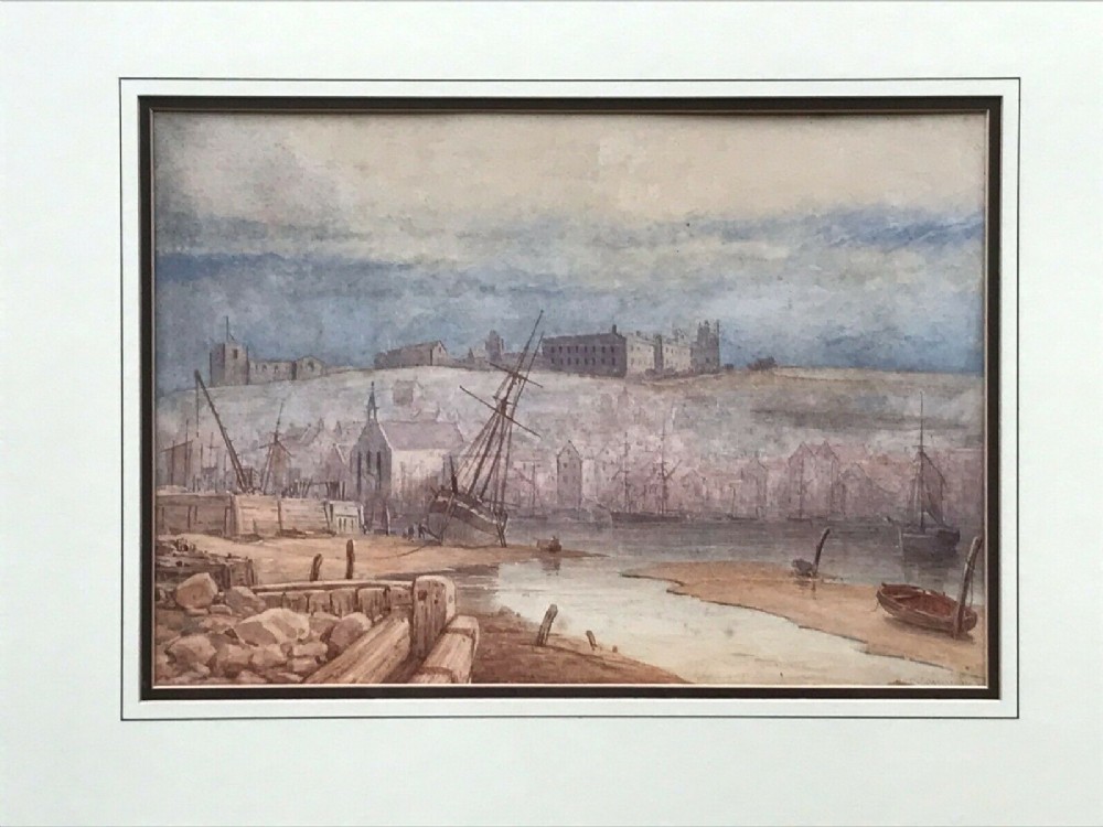 Early 19th Century English School Edwin Cockburn Signed Original Antique Watercolour Painting Whitby Harbour, St Mary's Church & Abbey beyond North Yorkshire Seascape