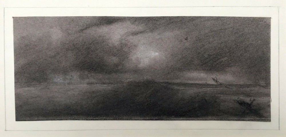 Antique Original Pastel Charcoal Study Drawing Stormy Coastal Landscape Scene