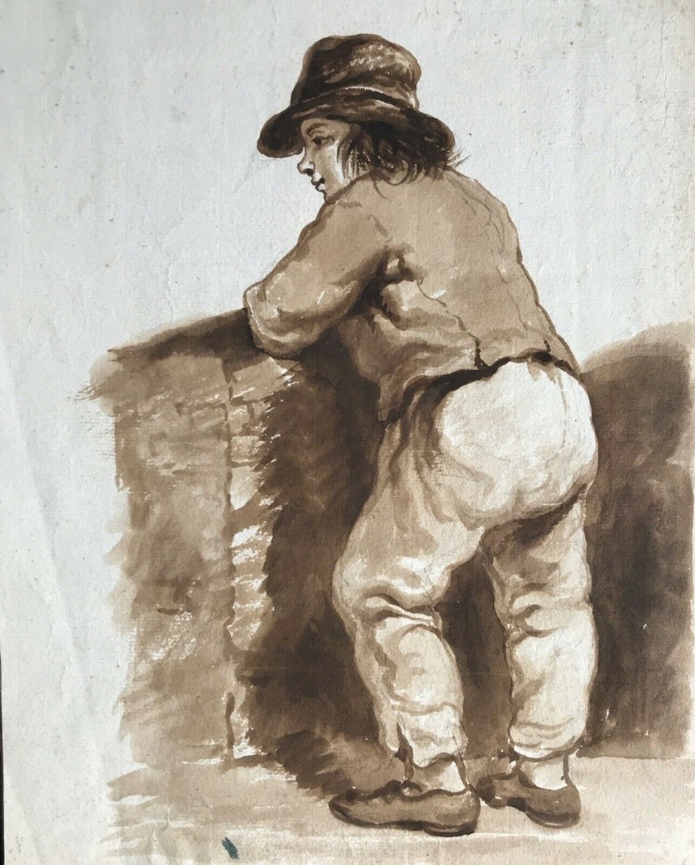 19th century English School Peasant Boy Original Grisaille Watercolour Painting