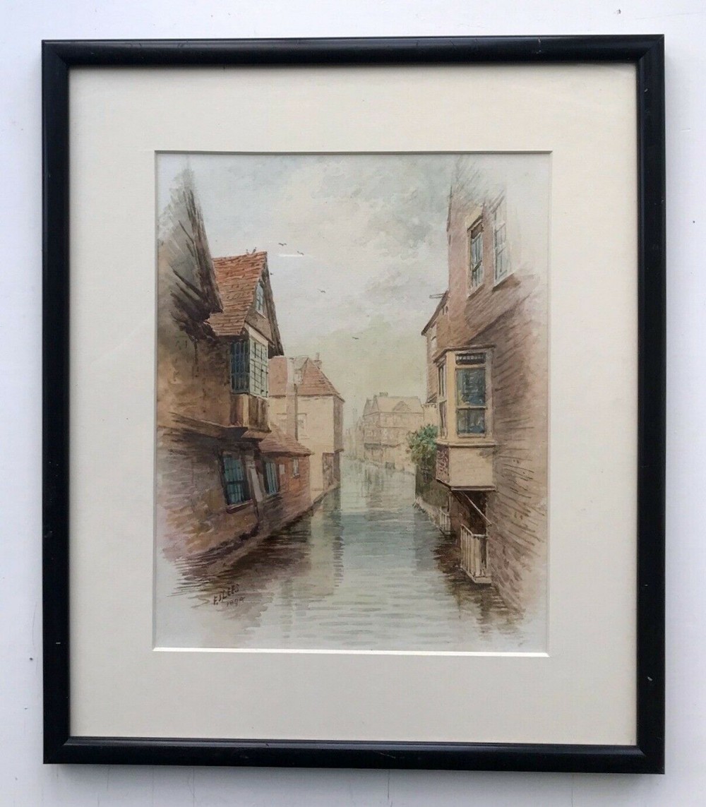 F J Lees 1894 Original 19th Century English Antique Watercolour Painting The King's River Canterbury Kent landscape