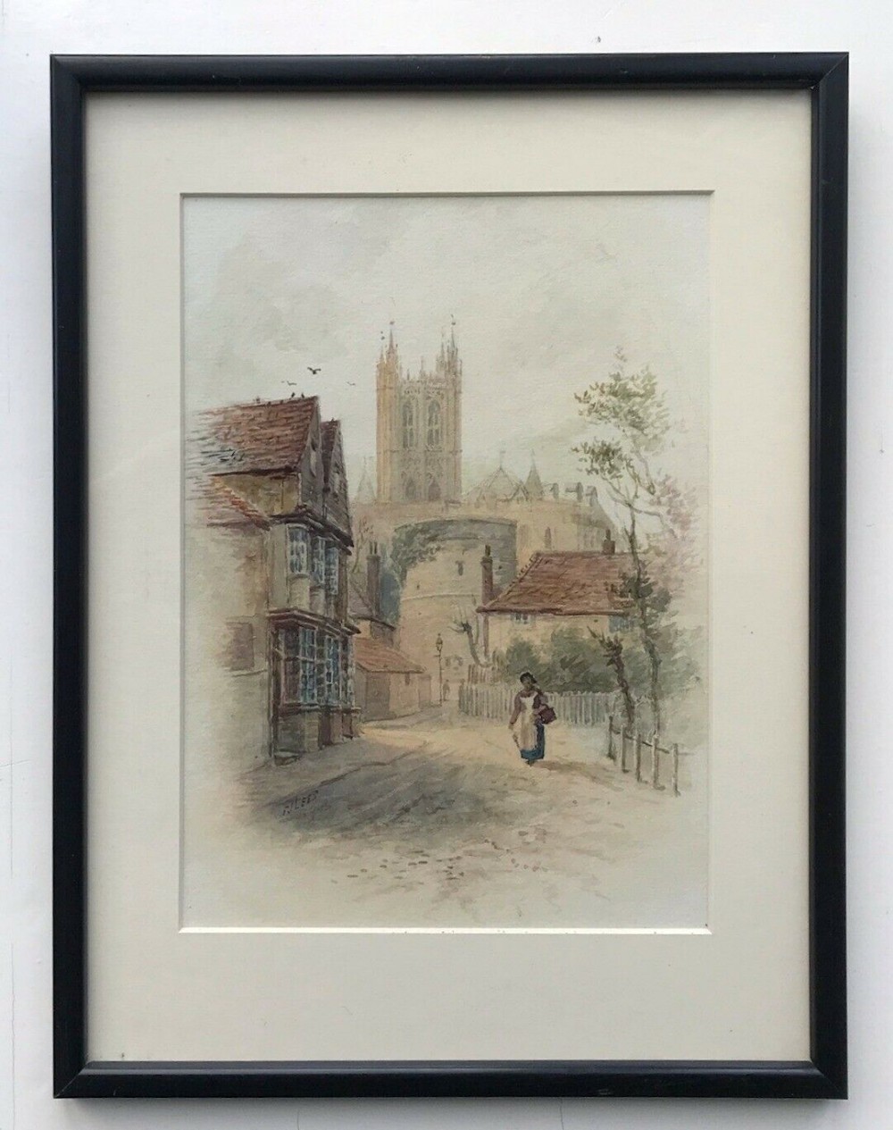 F J Lees 1894 Original 19th Century English Antique Watercolour Painting Lady Wootton's Green Canterbury Kent Landscape