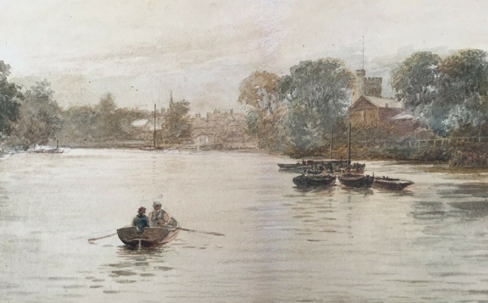 F J Lees 1895 Original 19th Century English Antique Watercolour Painting 'Twickenham Ferry Thames London' River Landscape