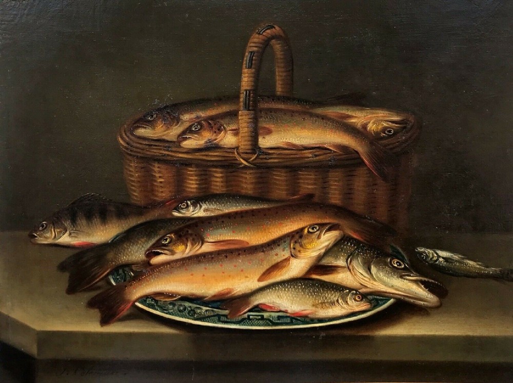 JAMES BIRMINGHAM COLEMAN Signed Original 19th Century English Oil Painting on Canvas Fish & Basket Still Life Fishing Study