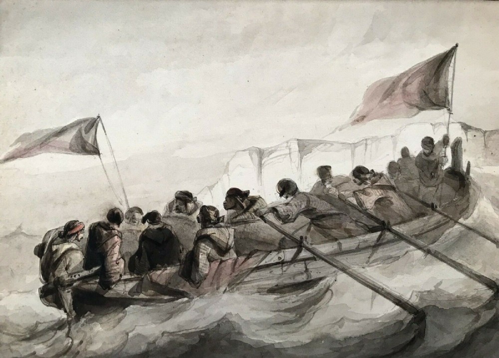 Original 19th Century Antique Watercolour Painting Men Rowing North African Moorish Figures with Flags
