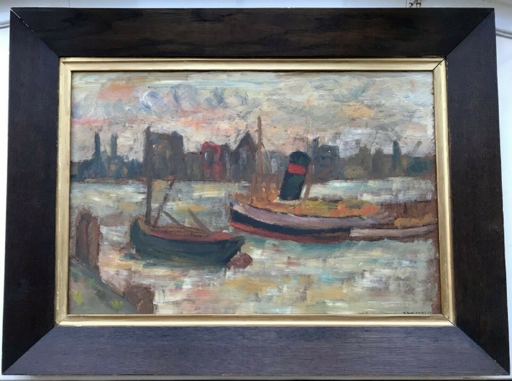 Manner of Samual Halpert Original Signed S Halpert Antique Oil Painting on Board Tug Boat Seascape 