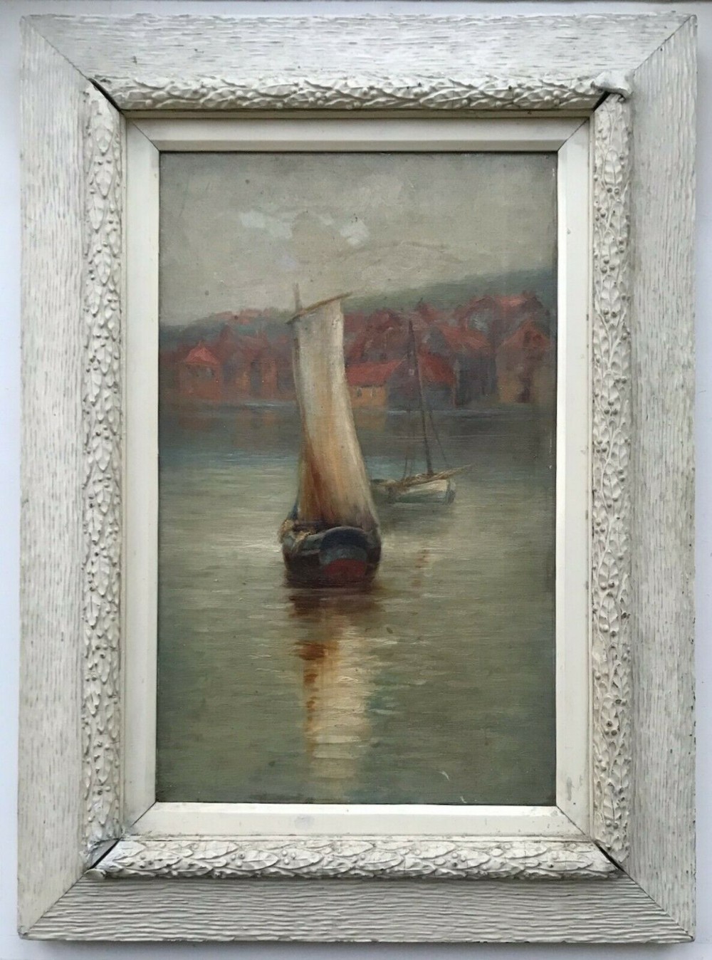 English School Original Antique Oil Painting on Canvas Fishing Boats in Whitby Harbour Yorkshire Seascape