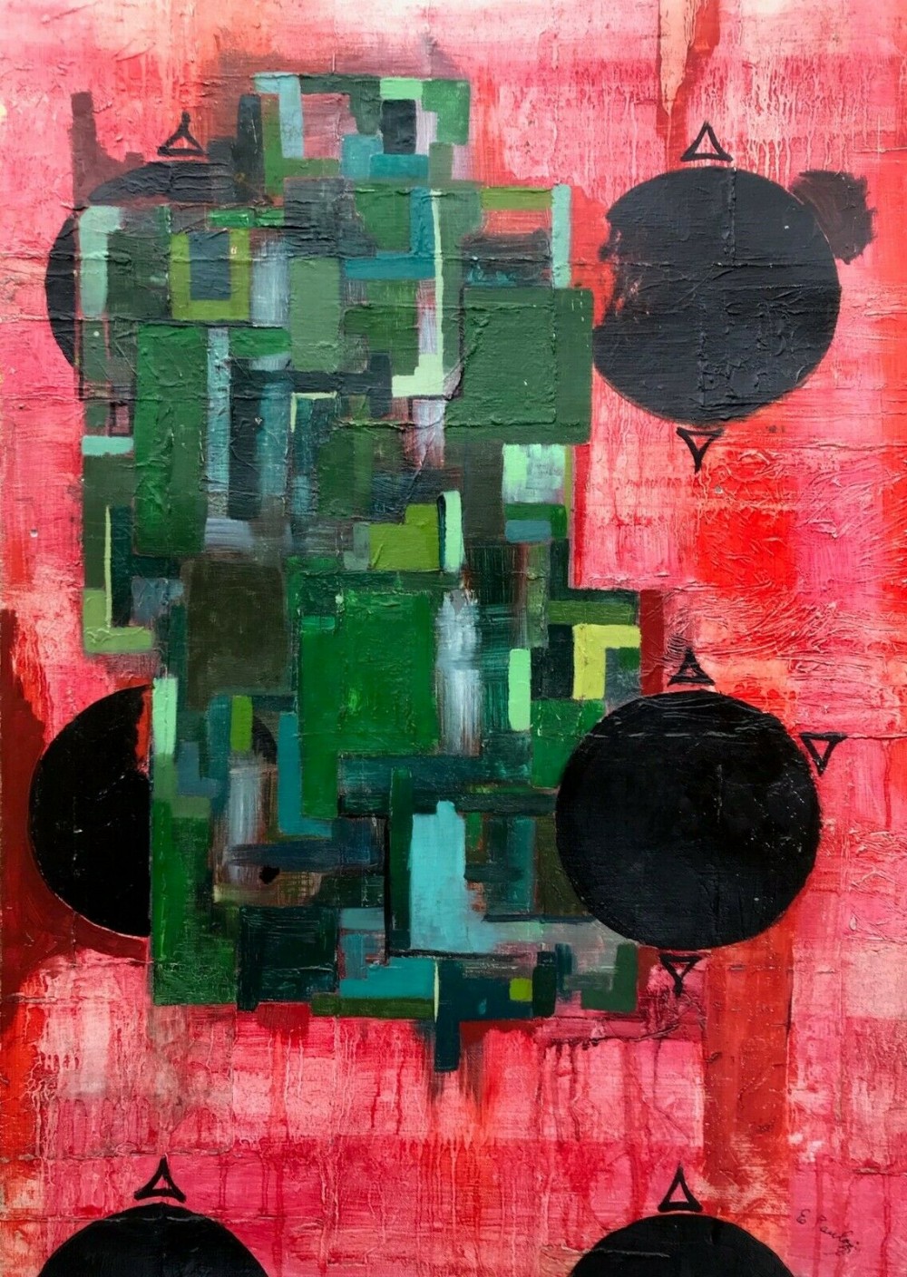Manner of Eduardo Paolozzi Mid 20th Century Acrylic Abstract Painting in Red & Green on Canvas Bears a Signature