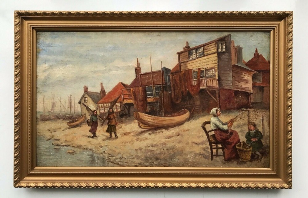 Dutch School Original Antique Oil Painting Coastal Seascape Scene Figures Lady Mending Nets