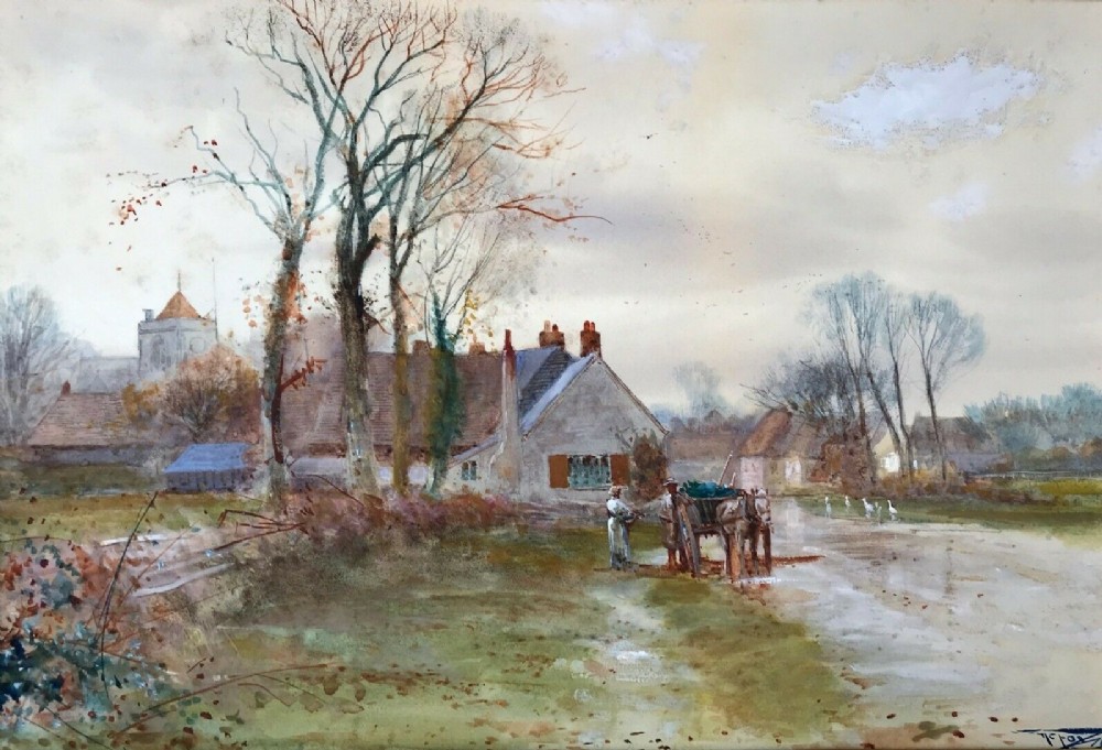 Henry Charles Fox RBA Original 1900 signed English Antique Watercolour Painting Village Scene Country Landscape