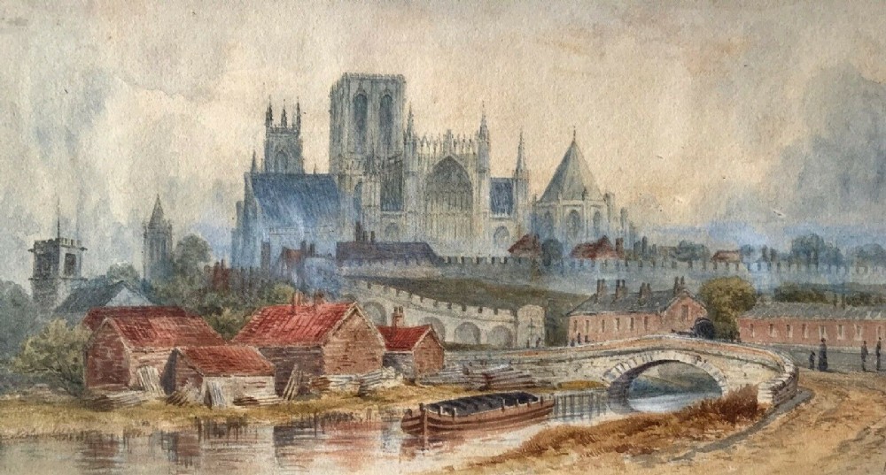 Original 1873 Monogrammed 19th Century English Antique Watercolour Painting View of York Minster from Jewbury & the River Foss