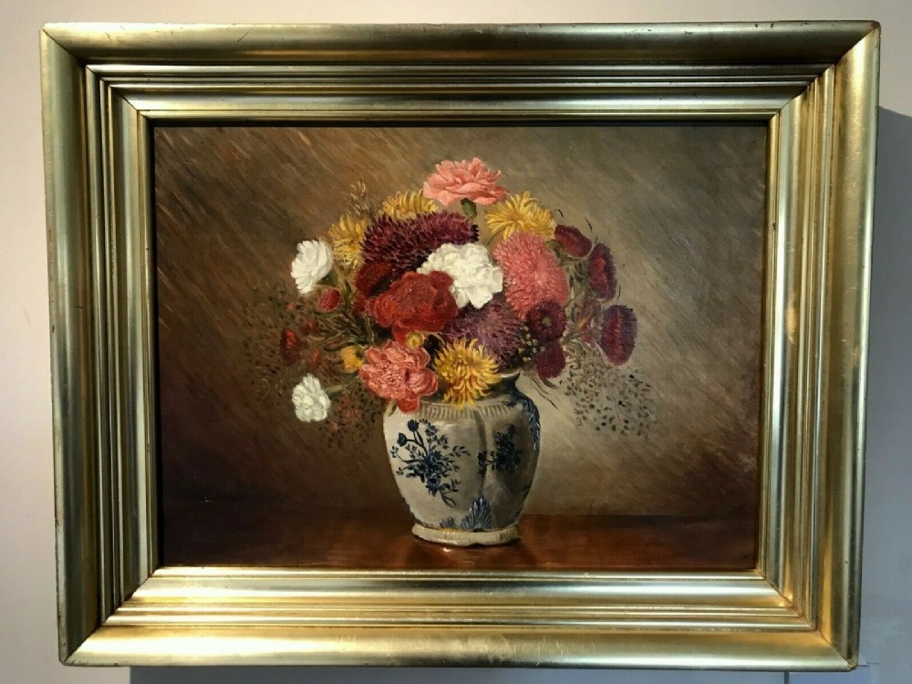 British School Original Antique Oil Painting on Canvas Still Life Study Flowers in a Blue & White Vase