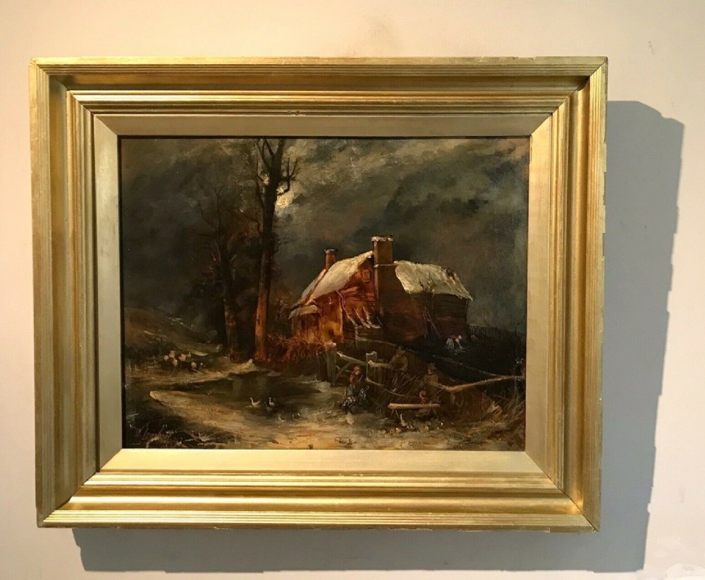 W Lambert 1801 Signed Original early 19th Century English Antique Oil Painting on Canvas Moonlight Moonlit Farmhouse Landscape