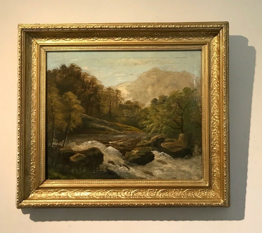 Original 19th Century English School Antique Oil Painting Waterfall & River & Mountain Landscape 