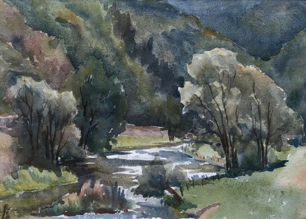 English School Monogrammed Original Antique Watercolour Painting River Landscape
