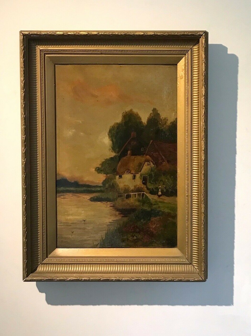 Dutch School Original 19th Century Antique Oil Painting Flatland Scene Figure by a Cottage Sunset River Landscape