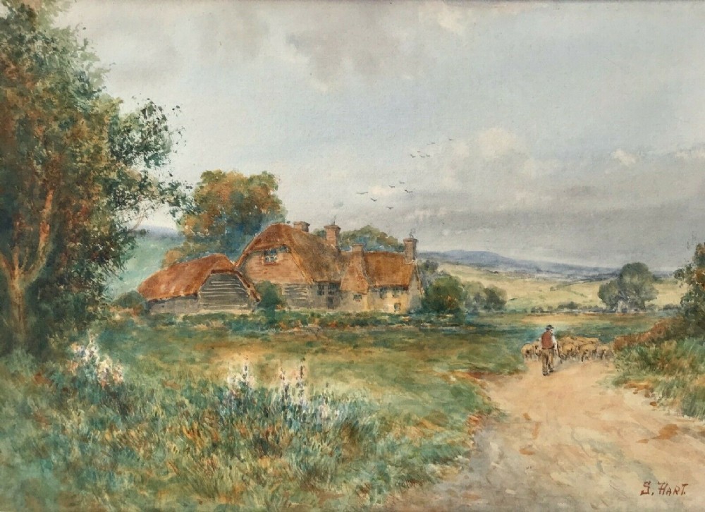 S Hart Signed Original early 20th Century Antique Watercolour Painting Farmer Herding Sheep Country Landscape
