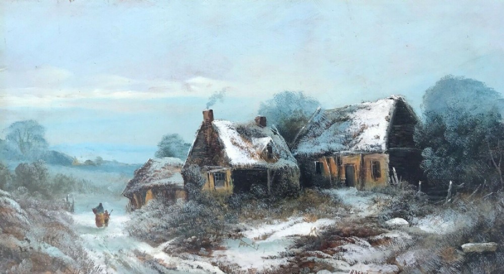 Harry Foster Newey Signed Original Oil Painting on Board Winter Snow Landscape Figures & Rural Cottages