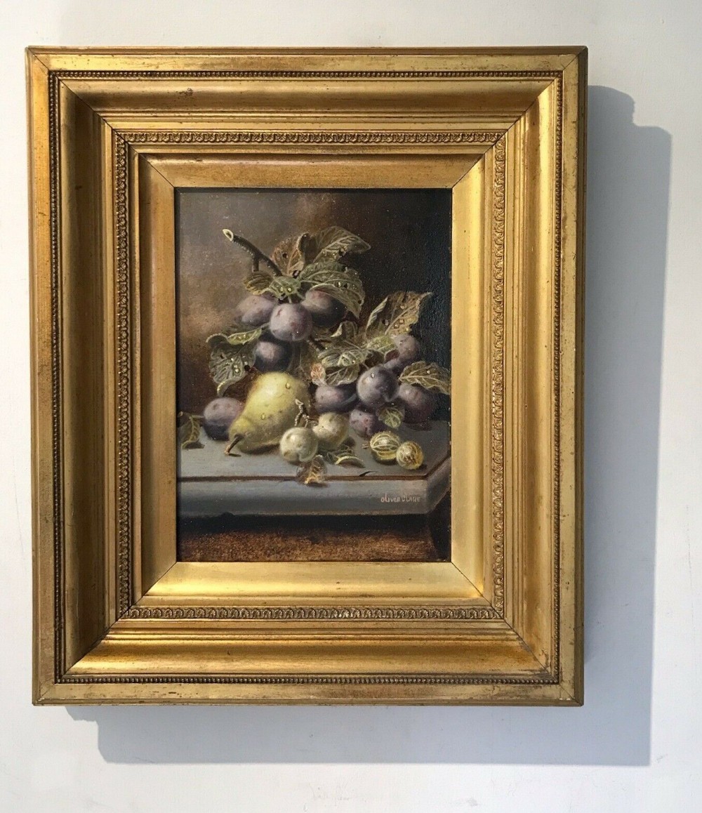 Oliver Clare Signed Original Antique Oil Painting on Wood Panel Pear Plums Gooseberry Still Life in Period Frame