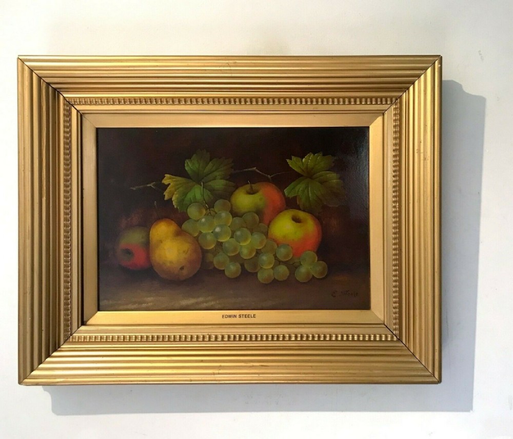 Edwin Steele Signed Original 19th Century Antique Oil Painting on Wood Panel Grapes Apple Pear Still Life 