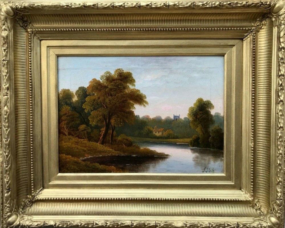 S Holt Signed Original 19th Century Antique Oil Painting on Canvas River Church Cottage Tree Landscape in Substantial Period Frame