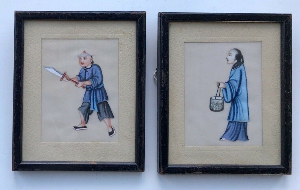 2 Original Chinese C19th Antique Watercolour Paintings Pith Paper Figure Scenes