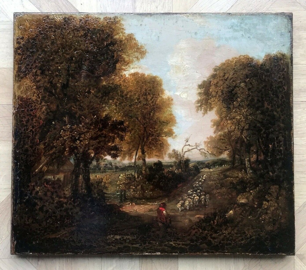 Original Early 19th Century Antique Oil Painting on Canvas Shepherd & Flock on a wooded path English Landscape