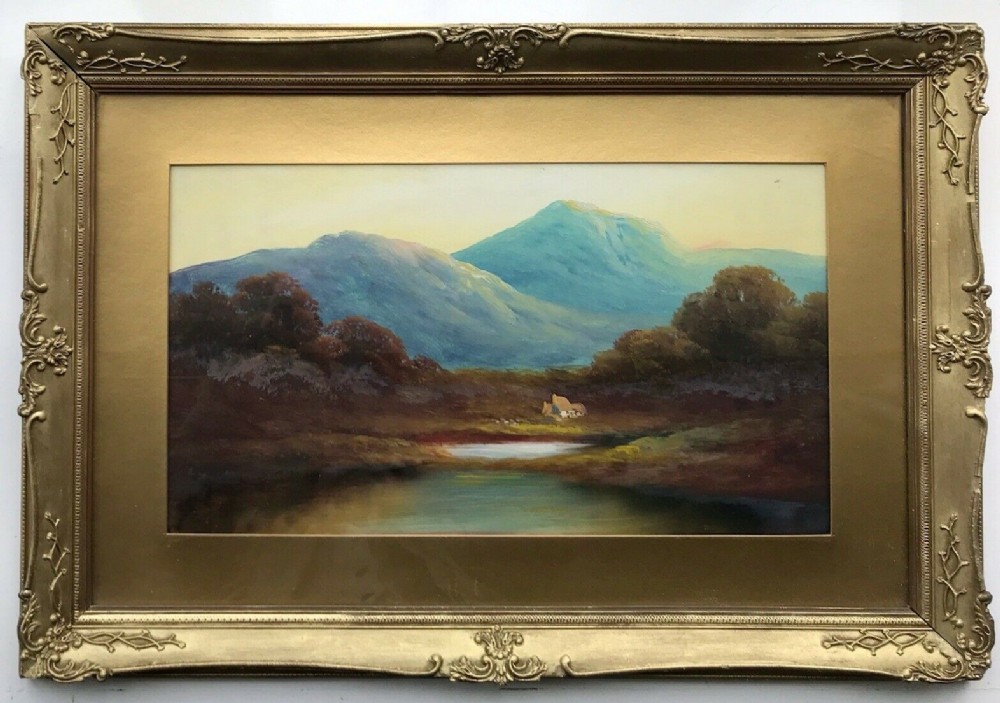 British School Original 19th Century Antique Oil Painting on Board Mountainous Cottage Landscape View