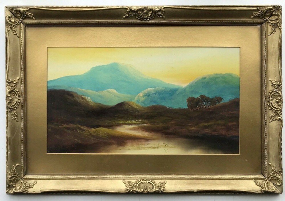 British School Original 19th Century Antique Painting Mountainous Landscape with Sheep