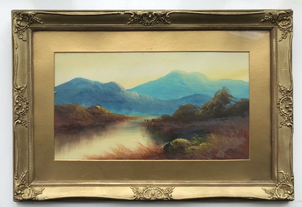 British School Original 19th Century Antique Oil Painting Mountainous Landscape Cattle View