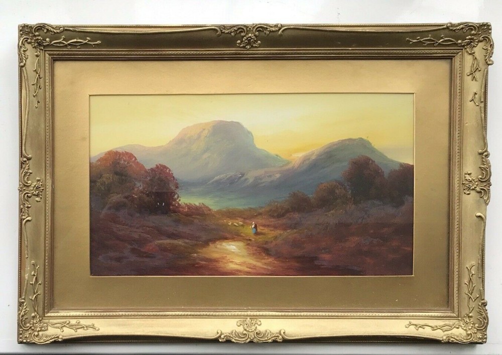 British School Original Antique Painting Mountainous Landscape Sheep Figure View