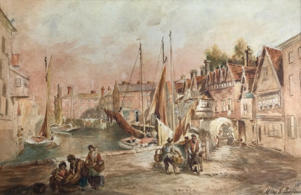 After John Thistle Signed Mary E Burgess & Blind Stamped ESK Original 19th Century Antique Watercolour Painting Norwich Quayside English Landscape
