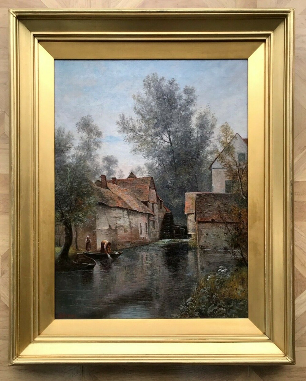 Original Signed 19th Century Antique Oil Painting on Canvas Figures before a Watermill & River Landscape Scene